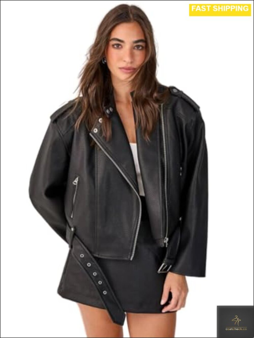 Textured Faux Leather Cropped Belted Biker Jacket